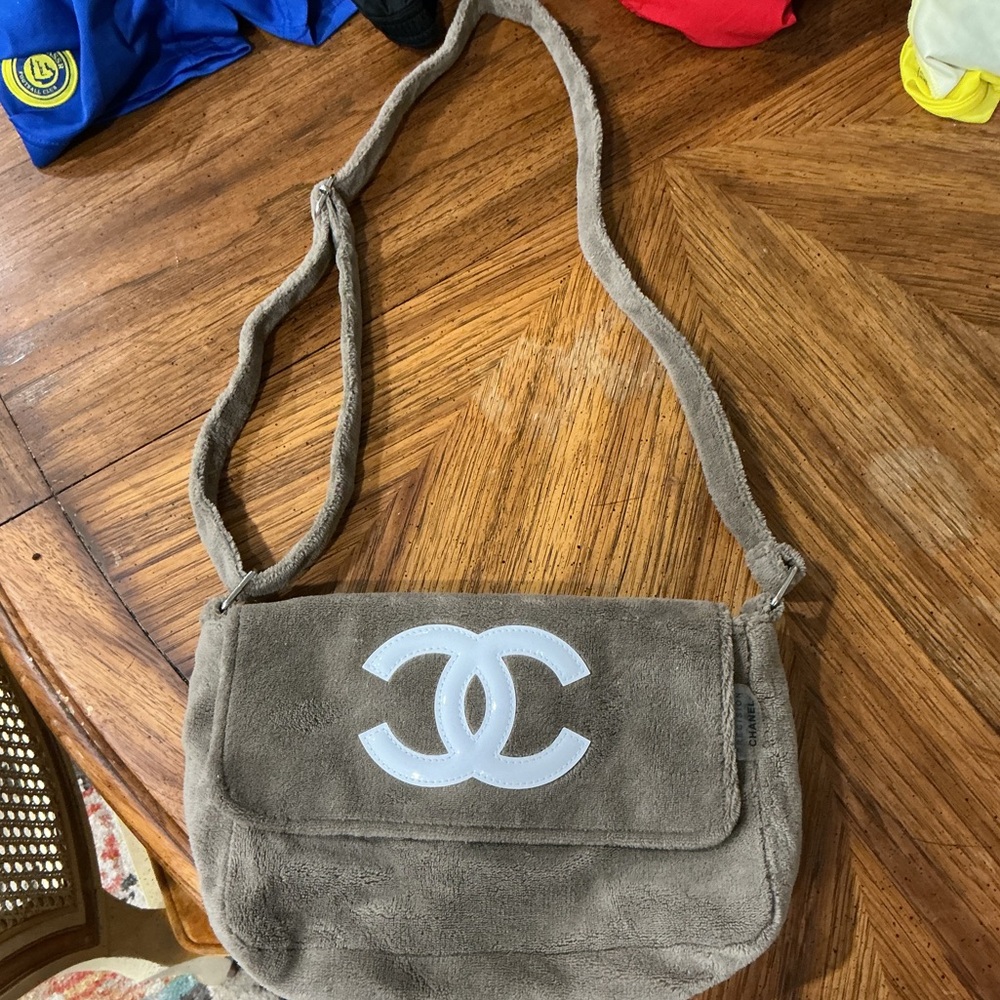 CHANEL Taupe Crossbody Bag with White Logo